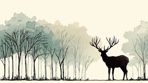 Papier peint forêt et cerf Silhouette d'un cerf majestueux entouré d'arbres aquarellés