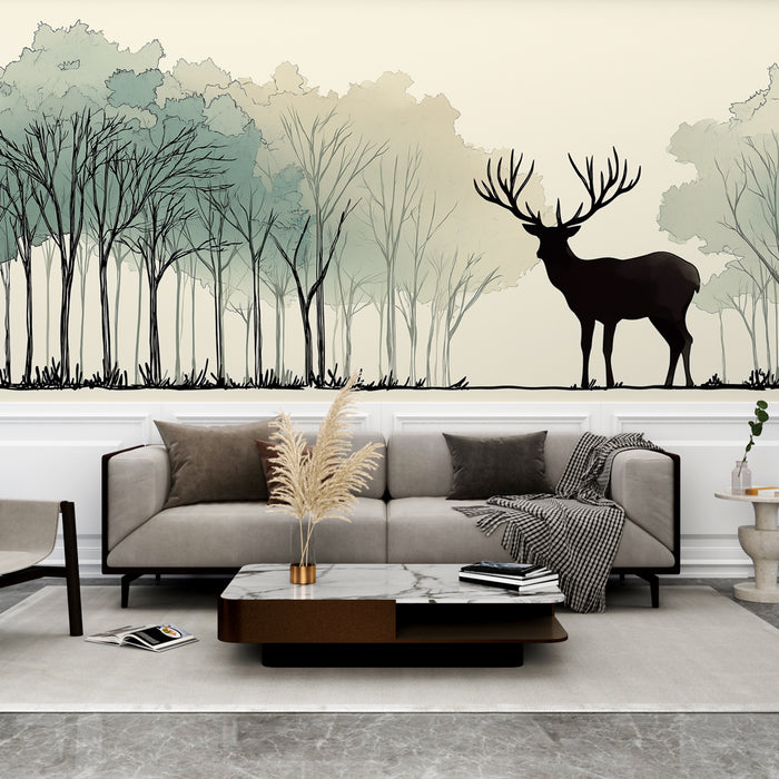 Une pièce moderne avec un papier peint représentant un cerf noir au milieu d'une forêt stylisée aux nuances douces de vert, créant une ambiance naturelle et apaisante.