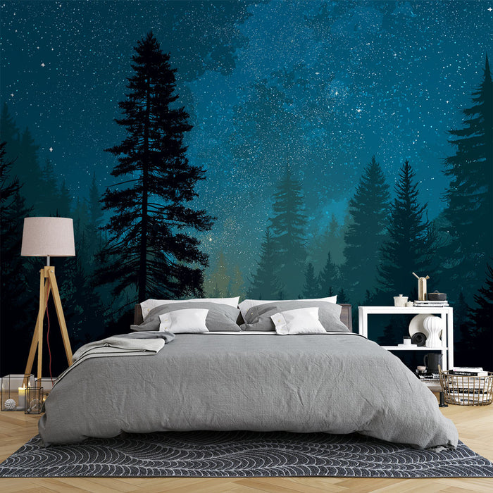 Une chambre moderne avec un papier peint représentant une forêt étoilée dans des teintes de bleu profond, créant une atmosphère apaisante et rêveuse.