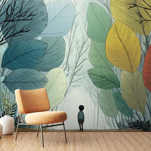 Une chambre moderne avec un papier peint illustrant de grandes feuilles stylisées aux teintes vertes, jaunes et bleues, créant une atmosphère apaisante et naturelle.
