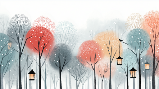 Papier peint forêt hivernale Arbres colorés sous la neige avec lanternes suspendues