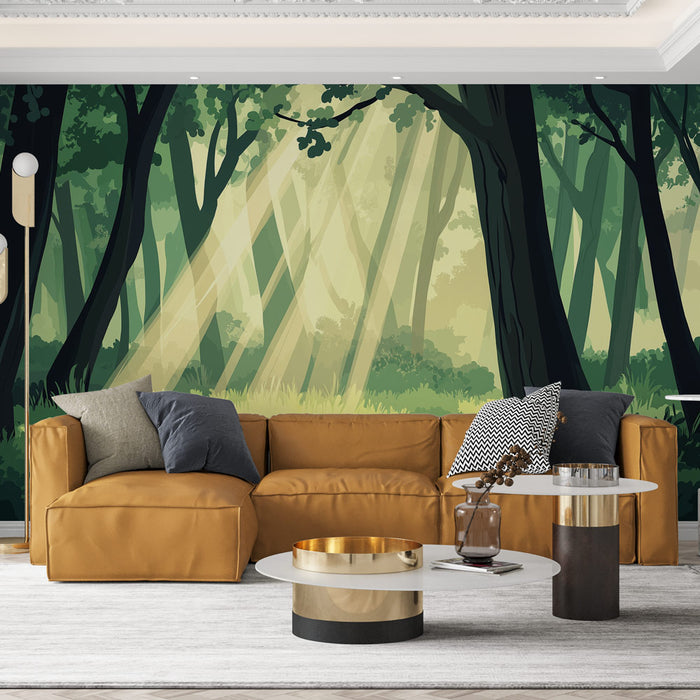 Papier peint forêt lumineuse avec rayons de lumière traversant un sous-bois verdoyant pour salon moderne.