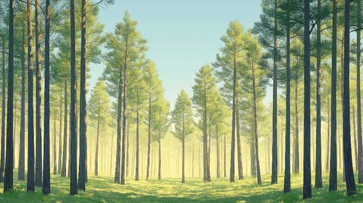 Papier peint forêt lumineuse Un paysage serein de pins sous une douce lumière