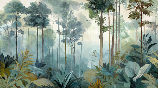 Papier peint forêt luxuriante Un paysage serein avec arbres majestueux et feuillage luxuriant