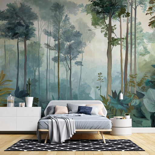Une chambre apaisante avec un papier peint représentant une forêt brumeuse aux teintes vertes et bleues, créant une atmosphère naturelle et relaxante.