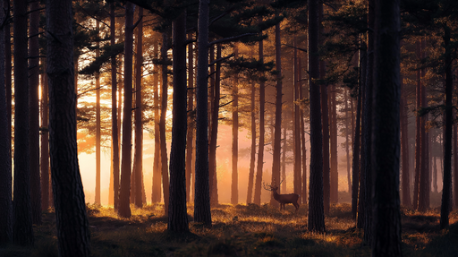 Papier peint forêt magique Ambiance féerique avec silhouettes d'arbres et lumière dorée