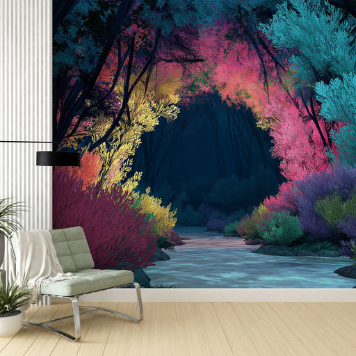 Une pièce moderne avec un papier peint représentant un paysage forestier coloré, aux teintes vives de rose, bleu et jaune, créant une ambiance féerique et apaisante.