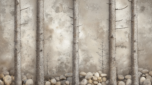 Papier peint forêt minimaliste Arbres stylisés avec pierres et fond neutre