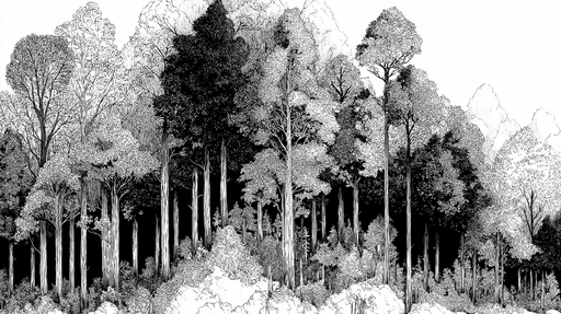 Papier peint forêt monochrome Illustration artistique de feuillage varié en noir et blanc