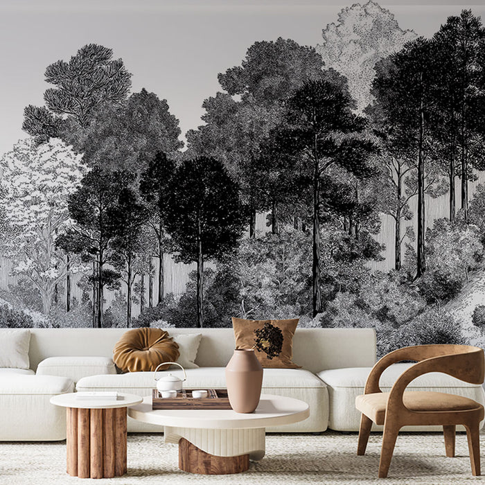 Un salon moderne avec un papier peint représentant une forêt en noir et blanc, créant une atmosphère apaisante et élégante.