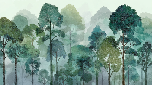 Papier peint forêt murale Arbres majestueux dans des nuances de vert apaisantes