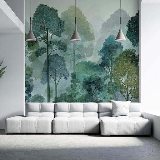 Un salon contemporain avec un papier peint représentant une forêt dense aux nuances de vert et bleu, créant une atmosphère apaisante et naturelle.
