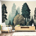 Un salon moderne avec un papier peint représentant une forêt dense aux teintes vertes et beiges, créant une atmosphère apaisante et naturelle.