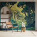 Papier peint forêt mystique avec paysage enchanteur d'arbres stylisés et lumières douces pour salon moderne.