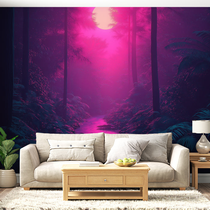 Un salon moderne avec un papier peint représentant une forêt mystique aux teintes violettes et roses, créant une atmosphère rêveuse et apaisante.