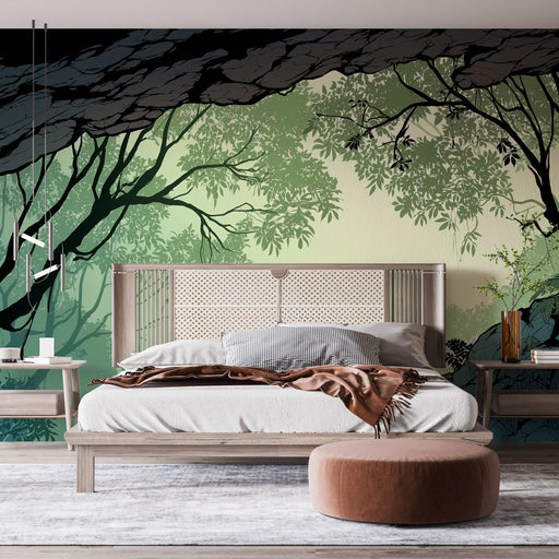 Une chambre moderne avec un papier peint représentant une forêt stylisée aux nuances vertes et noires, créant une atmosphère apaisante et naturelle.