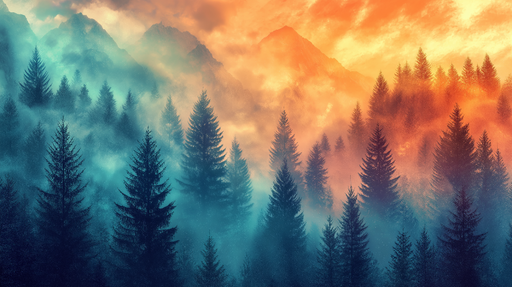 Papier peint forêt mystique Un paysage enchanteur de pins sous un ciel coloré