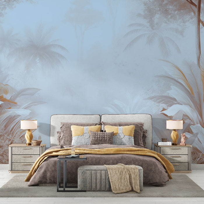 Une chambre élégante avec un papier peint tropical aux teintes douces de bleu et de beige, représentant des feuillages délicats qui créent une atmosphère apaisante.