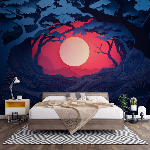 Papier peint forêt nocturne avec paysage stylisé, lune pleine et ciel vibrant pour chambre moderne