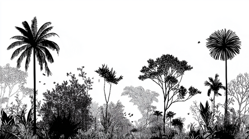 Papier peint forêt noire et blanche Silhouettes d'arbres et motifs de feuillage