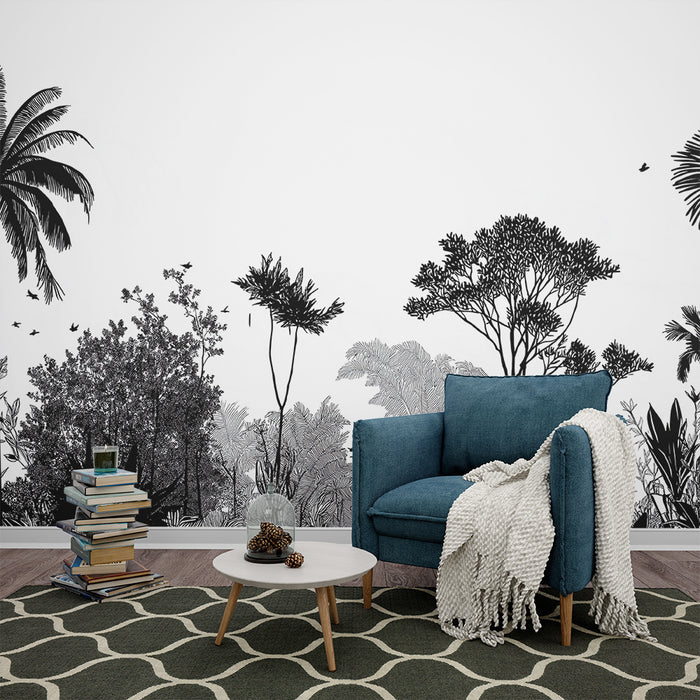 Papier peint forêt noire et blanche | Silhouettes d'arbres et motifs de feuillage