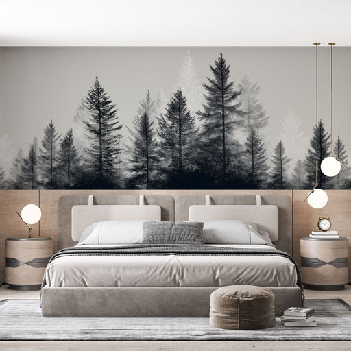 Une chambre moderne avec un papier peint représentant une forêt en nuances de gris, créant une atmosphère apaisante et naturelle.