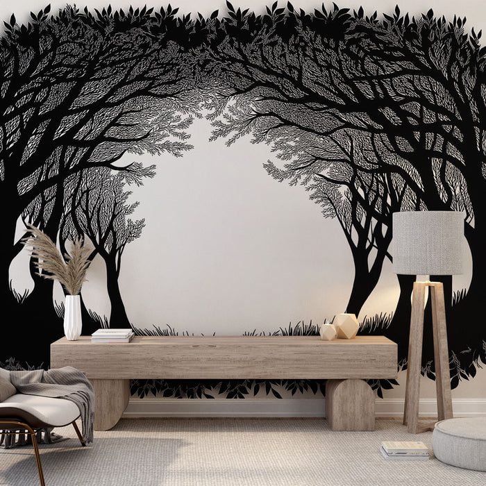 Papier peint forêt en noir et blanc avec silhouettes d'arbres pour décoration murale moderne