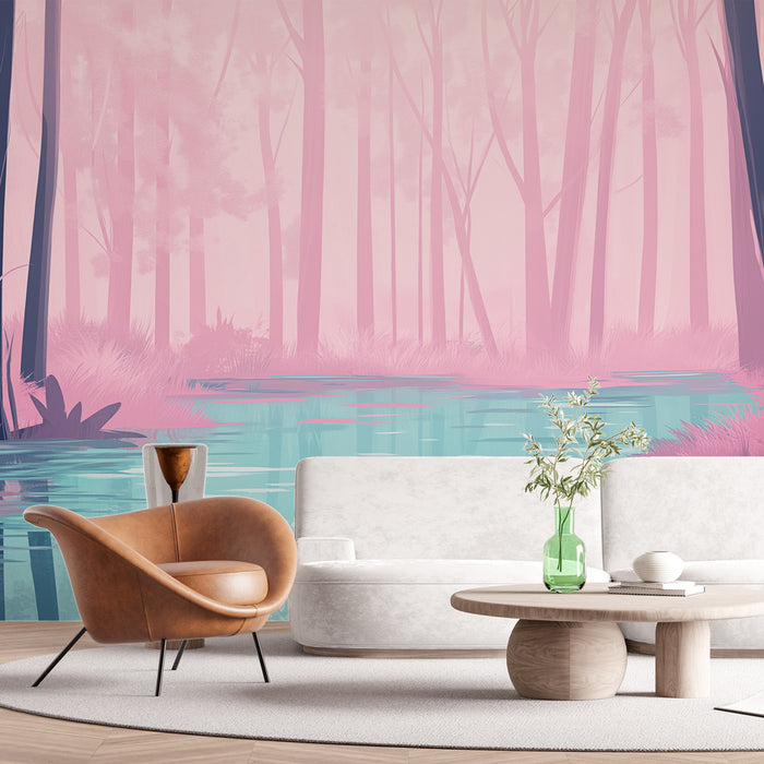 Un salon moderne avec un papier peint représentant une forêt brumeuse aux teintes roses et bleues, créant une atmosphère douce et apaisante.