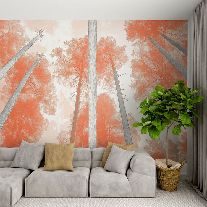 Papier peint forêt orange | Une vue plongeante sur des arbres aux teintes orangées