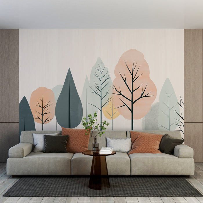 Papier peint forêt pastel avec arbres stylisés aux couleurs douces pour salon moderne