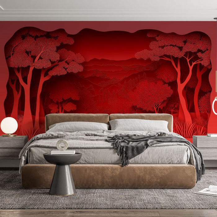 Papier peint forêt rouge avec paysage stylisé pour chambre moderne