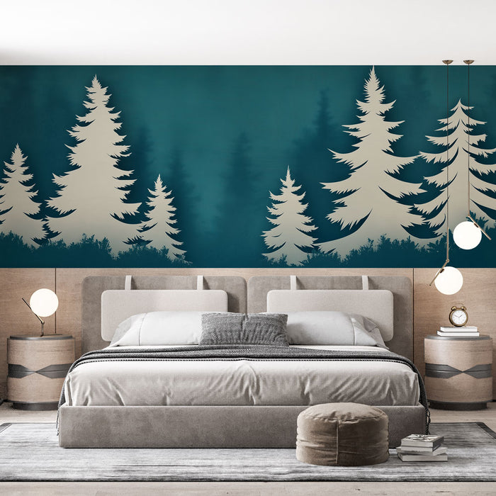 Papier peint forêt avec silhouettes d'arbres sur fond bleu profond pour chambre moderne