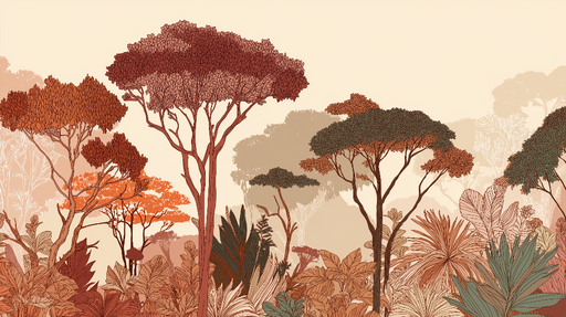 Papier peint forêt tropicale Arbres et feuillage dans des tons chauds et naturels