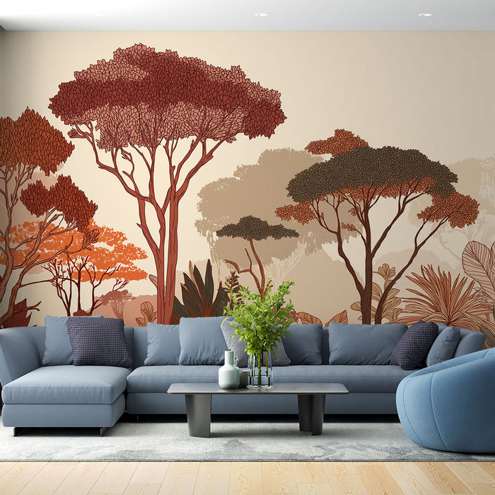 Un salon moderne avec un papier peint illustrant des arbres stylisés aux teintes chaudes d'orange et de brun, créant une atmosphère chaleureuse et naturelle.