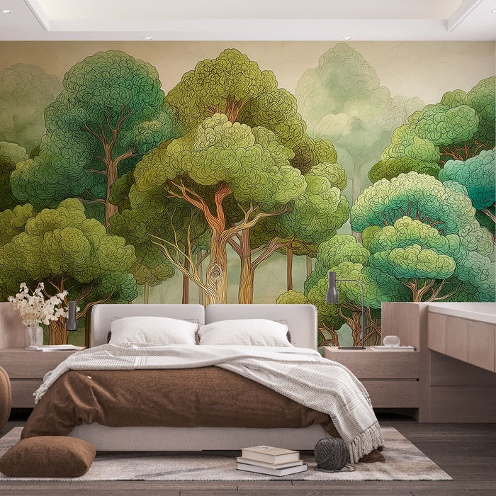 Une chambre moderne avec un papier peint représentant une forêt stylisée aux nuances de vert et de marron, créant une atmosphère apaisante et naturelle.