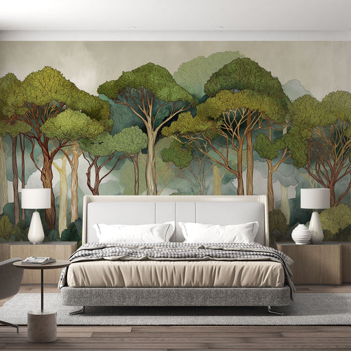Une chambre moderne avec un papier peint illustrant une forêt stylisée aux nuances de vert et de marron, créant une atmosphère apaisante et naturelle.
