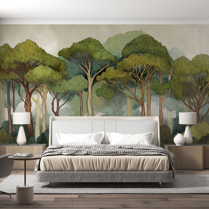Une chambre moderne avec un papier peint illustrant une forêt stylisée aux nuances de vert et de marron, créant une atmosphère apaisante et naturelle.