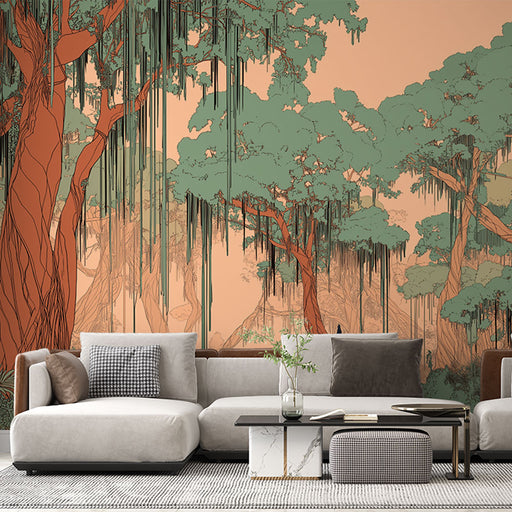 Un salon moderne avec un papier peint représentant une forêt stylisée aux arbres majestueux, mêlant des teintes de vert et de rouge sur un fond doux.