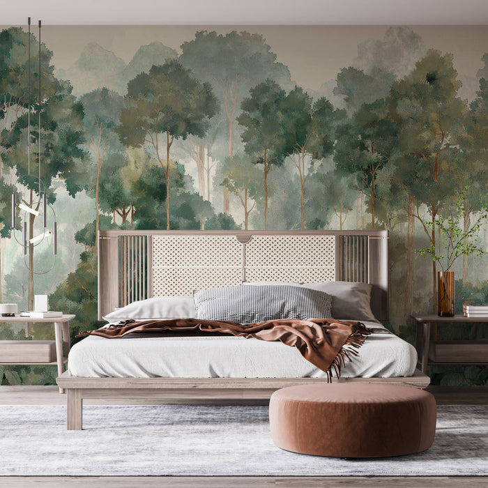 Une chambre moderne avec un papier peint représentant une forêt dense aux nuances de vert, créant une atmosphère apaisante et naturelle.