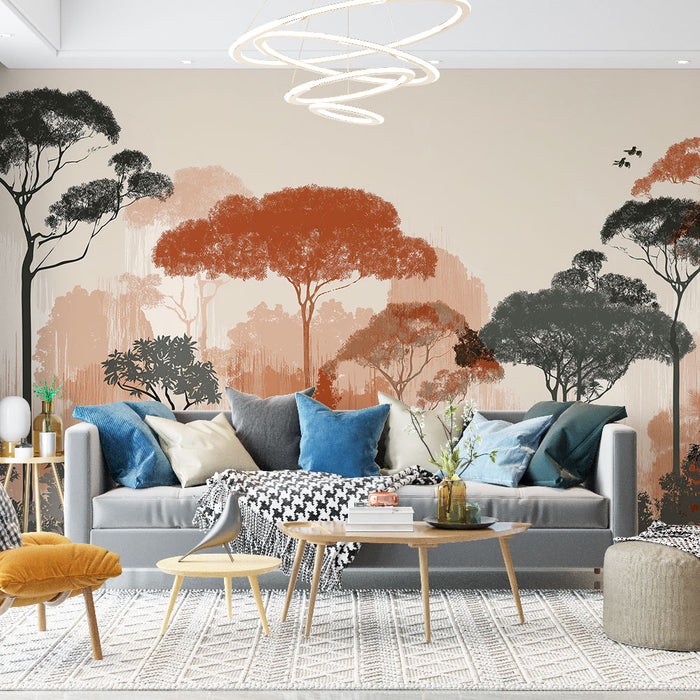 Une pièce de salon moderne avec un papier peint représentant des arbres stylisés en noir et orange sur fond beige, créant une atmosphère chaleureuse et naturelle.