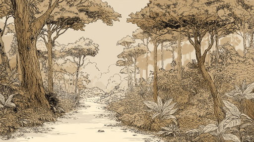 Papier peint forêt tropicale Illustration en sepia d'une paisible allée forestière