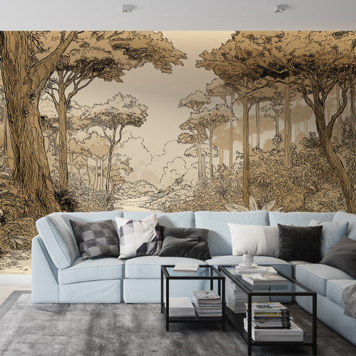 Un salon contemporain avec un papier peint illustrant une forêt en noir et beige, créant une atmosphère apaisante et naturelle.