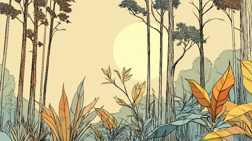Papier peint forêt tropicale Illustrations de plantes avec des feuilles colorées et un soleil apaisant