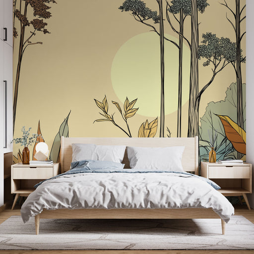 Une chambre apaisante avec un papier peint illustrant des arbres stylisés et des feuilles sur fond beige, créant une atmosphère naturelle et sereine.