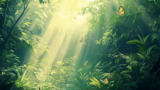 Papier peint forêt tropicale Lumières dorées et papillons dans une jungle verdoyante