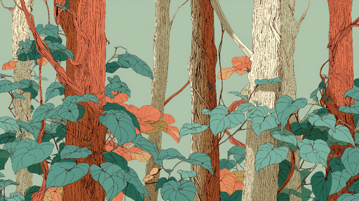 Papier peint forêt tropicale Motif de troncs d'arbres stylisés entourés de feuilles vibrantes