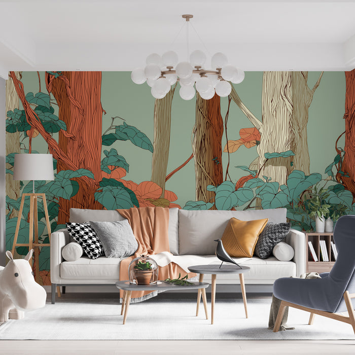 Un salon moderne avec un papier peint illustrant des arbres stylisés aux teintes terreuses et des feuillages luxuriants, créant une ambiance naturelle et apaisante.