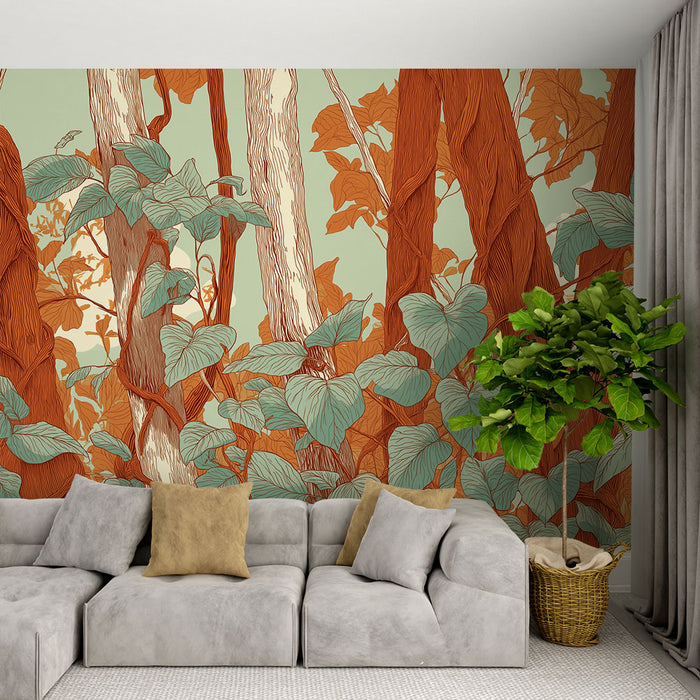 Papier peint forêt tropicale | Motif vibrant de feuilles et troncs d'arbres