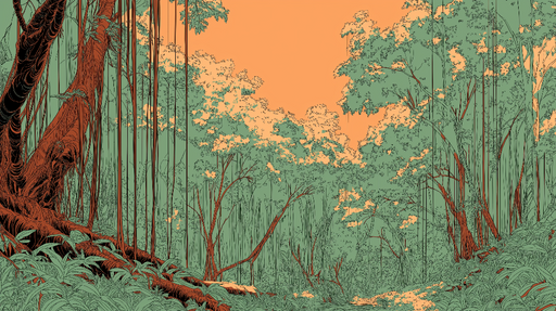 Papier peint forêt tropicale Nature sauvage avec des nuances terreuses et un ciel orangé