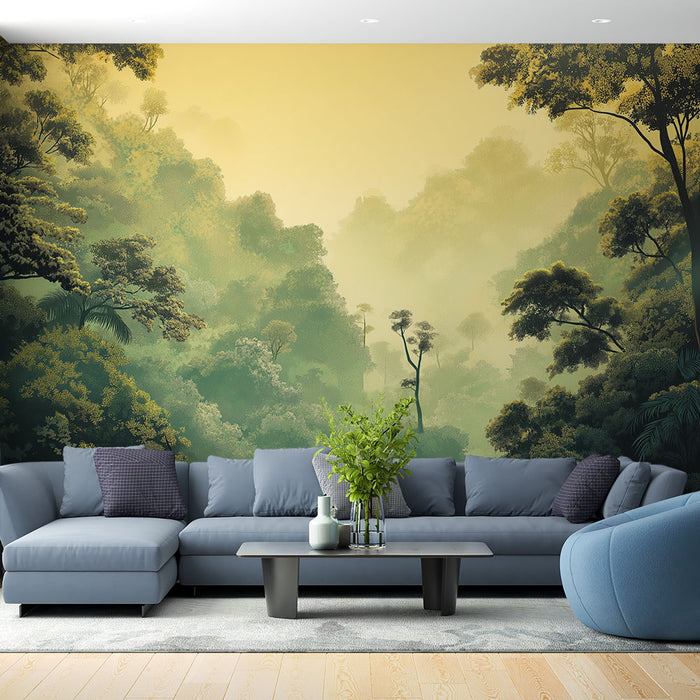 Papier peint forêt tropicale avec paysage luxuriant aux nuances douces et brumeuses pour salon moderne.